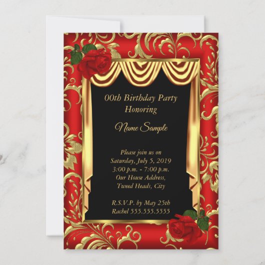 Rood Gold Drapes Rozen lampje Birthday Party Kaart (Achterkant)