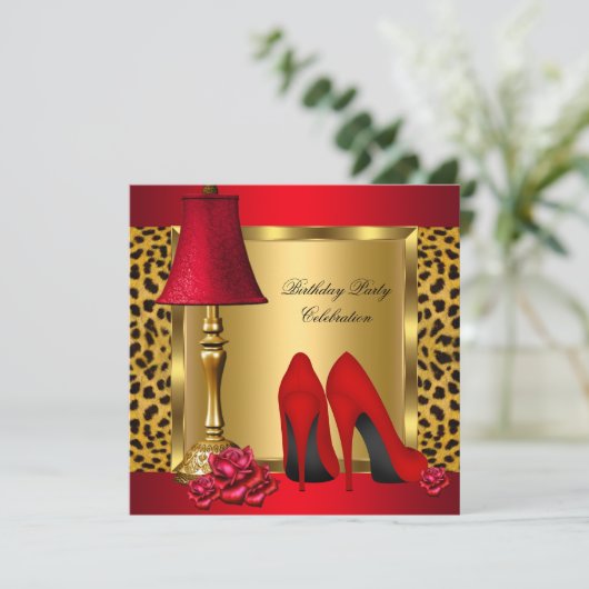 Rood Gold High Heels Roos Leopard Birthday Party 2 Kaart (Staand voorkant)
