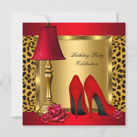 Rood Gold High Heels Roos Leopard Birthday Party 2 Kaart (Voorkant)