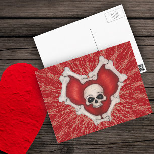 Rood gothisch hart met Botten Witte schedel op lij Briefkaart