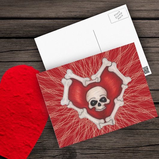 Rood gothisch hart met Botten Witte schedel op lij Briefkaart