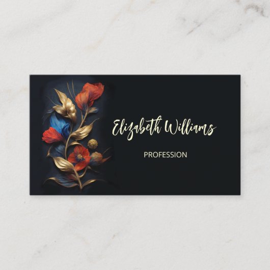 Rood Goud 3 D Bloemen Zwart Visitekaartje (Voorkant)