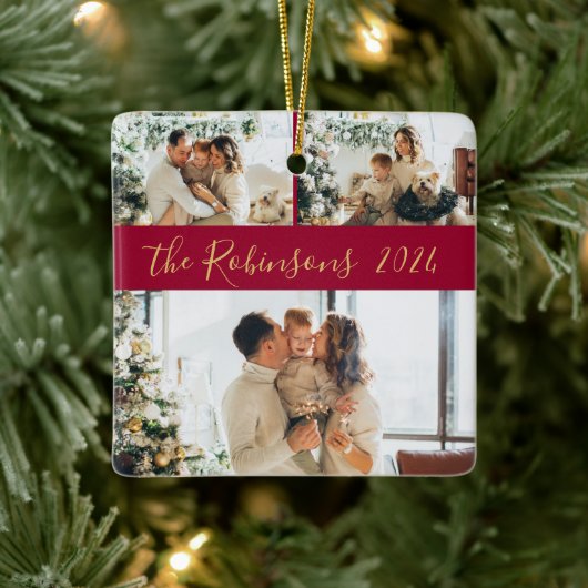 Rood Goud 3 Familie Foto Collage Kerstmis Keramisch Ornament (Boom)