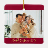 Rood Goud 3 Familie Foto Collage Kerstmis Keramisch Ornament (Achterkant)