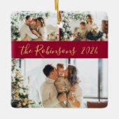 Rood Goud 3 Familie Foto Collage Kerstmis Keramisch Ornament (Voorkant)