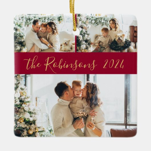 Rood Goud 3 Familie Foto Collage Kerstmis Keramisch Ornament (Voorkant)