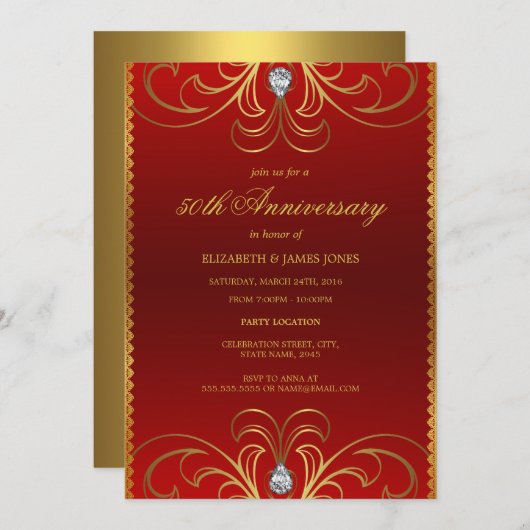 Rood & Goud 50ste Huwelijksjubileum Uitnodiging (Voorkant / Achterkant)