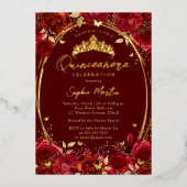 Rood Goud Aantrekkelijke Bloemenvlinder Quinceaner Folie Uitnodiging (Voorkant)