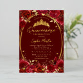 Rood Goud Aantrekkelijke Bloemenvlinder Quinceaner Folie Uitnodiging (Staand Voorkant)