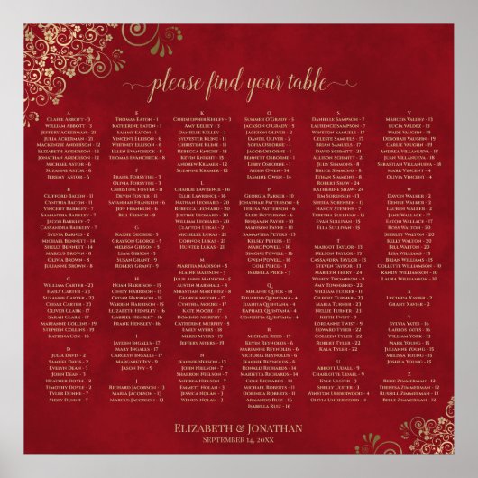 Rood & Goud Alfabetisch Trouwzaalstoelenplan Poster (Voorkant)