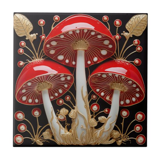 Rood Goud Amanita Muscaria Mushroom 3D Effect Tegeltje (Voorkant)