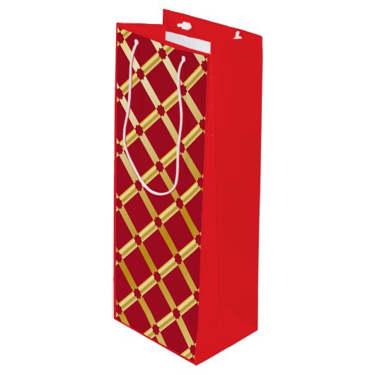 Rood & Goud Arabesque Wijn Gift Bag Cadeautas (Voorkant Gekanteld)