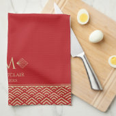 Rood & Goud Art Deco Japanse Fan Custom Monogram Theedoek (Quarter Fold)