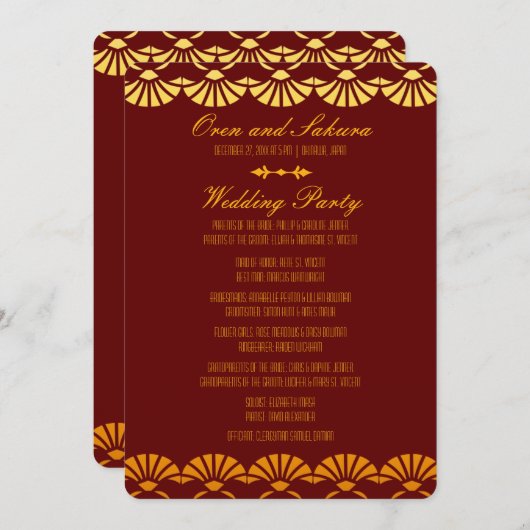 Rood & Goud Art Deco Stijl Huwelijksprogramma's Programmakaart (Voorkant / Achterkant)