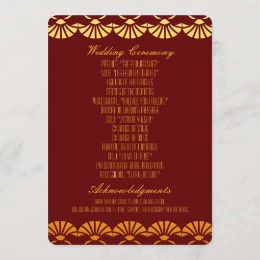 Rood & Goud Art Deco Stijl Huwelijksprogramma's Programmakaart (Achterkant)