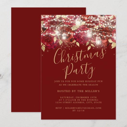 Rood Goud Bladerlicht Kerstfeest Kaart (Voorkant / Achterkant)