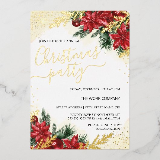 Rood Goud Bladgroen Zakelijk Kerstfeest Folie Uitnodiging (Voorkant)