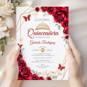 Rood Goud Bloemen Chic Quinceanera Kaart