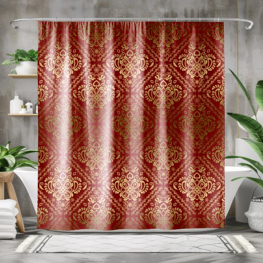 Rood & Goud  Bloemen Damast Geometrisch Patroon Douchegordijn