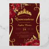 Rood Goud Bloemen Elegante Scroll Quinceanera Folie Uitnodiging (Voorkant)