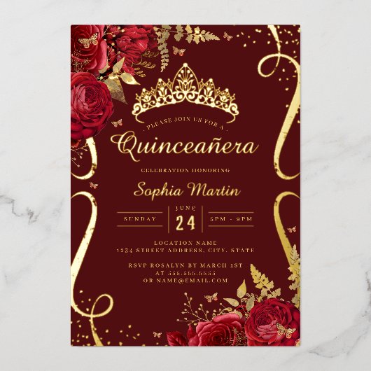 Rood Goud Bloemen Elegante Scroll Quinceanera Folie Uitnodiging (Voorkant)