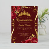 Rood Goud Bloemen Elegante Scroll Quinceanera Folie Uitnodiging (Staand Voorkant)