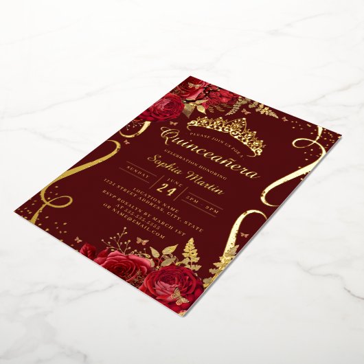 Rood Goud Bloemen Elegante Scroll Quinceanera Folie Uitnodiging (Gedraaid)