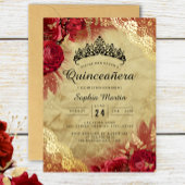 Rood Goud Bloemen Kant Quinceanera Folie Uitnodiging