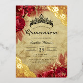 Rood Goud Bloemen Kant Quinceanera Folie Uitnodiging (Voorkant)