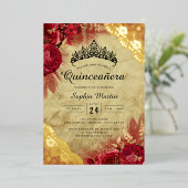 Rood Goud Bloemen Kant Quinceanera Folie Uitnodiging (Staand Voorkant)