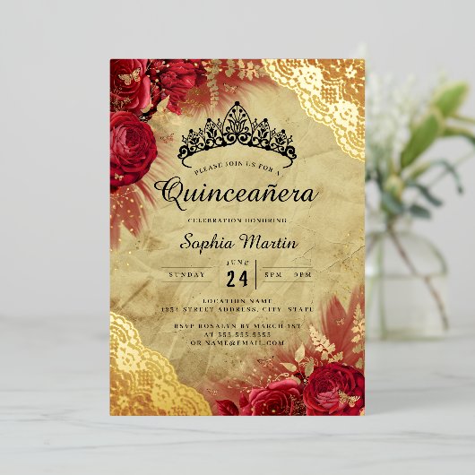 Rood Goud Bloemen Kant Quinceanera Folie Uitnodiging (Staand Voorkant)