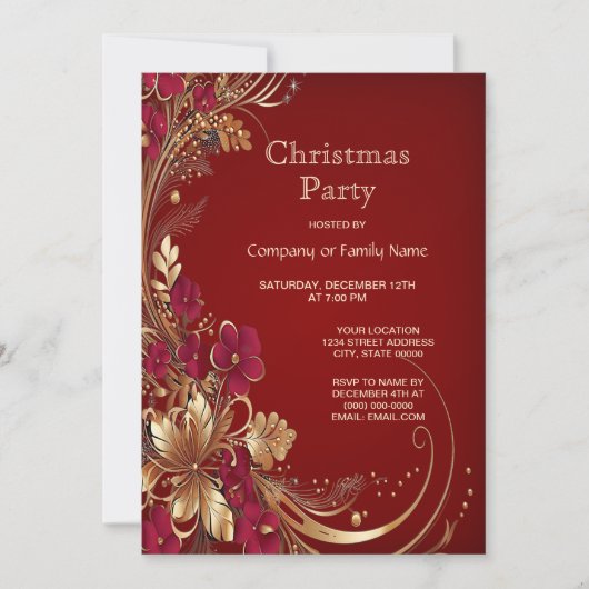 Rood Goud Bloemen Kerstfeest Uitnodiging (Voorkant)