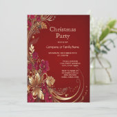 Rood Goud Bloemen Kerstfeest Uitnodiging (Staand voorkant)