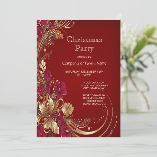 Rood Goud Bloemen Kerstfeest Uitnodiging (Staand voorkant)
