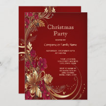 Rood Goud Bloemen Kerstfeest Uitnodiging