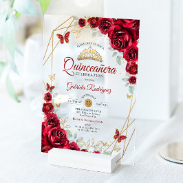 Rood Goud Bloemen Quinceanera Acryl Uitnodigingen