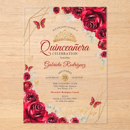 Rood Goud Bloemen Quinceanera Acryl Uitnodigingen (Voorkant)