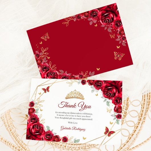 Rood Goud Bloemen Quinceanera Bedankkaart