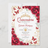 Rood Goud Bloemen Quinceanera Kaart (Voorkant)