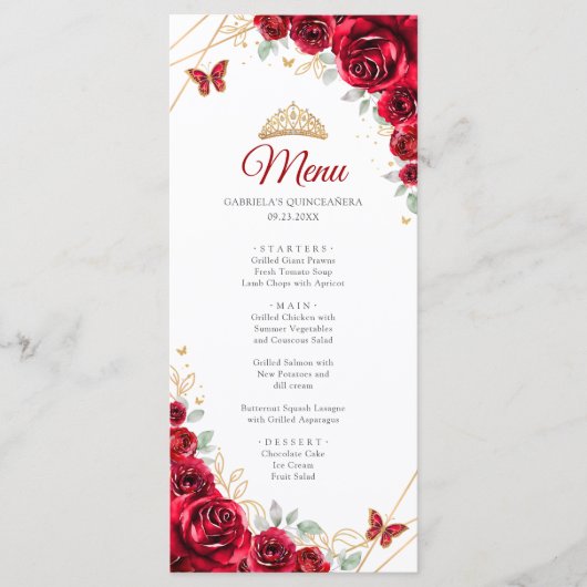 Rood Goud Bloemen Quinceanera Menu (Voorkant)