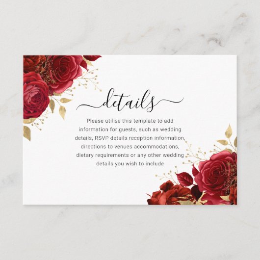 Rood & Goud Bloemen Quinceanera of bruiloft Detail Informatiekaartje (Voorkant)