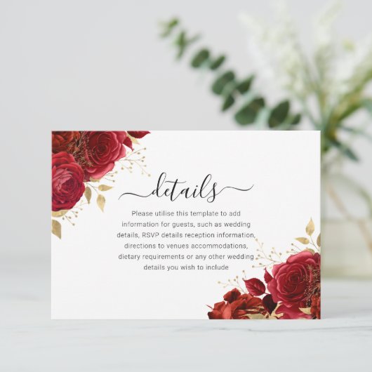 Rood & Goud Bloemen Quinceanera of bruiloft Detail Informatiekaartje (Staand voorkant)