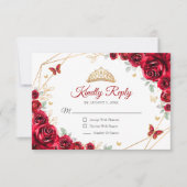 Rood Goud Bloemen Quinceanera Reageer RSVP Kaartje (Voorkant)