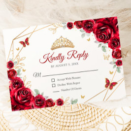 Rood Goud Bloemen Quinceanera Reageer RSVP Kaartje