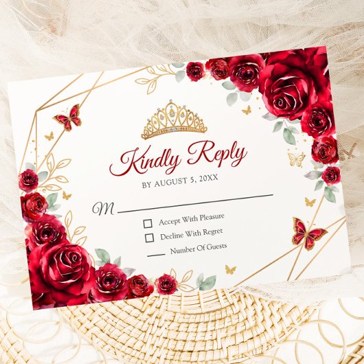 Rood Goud Bloemen Quinceanera Reageer RSVP Kaartje