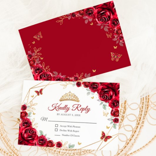 Rood Goud Bloemen Quinceanera Reageer RSVP Kaartje
