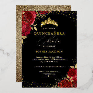 Rood Goud Bloemen Roos Tiara Quinceanera Folie Uitnodiging
