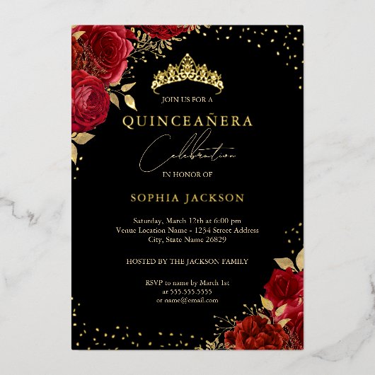 Rood Goud Bloemen Roos Tiara Quinceanera Folie Uitnodiging (Voorkant)