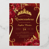 Rood Goud Bloemen Scroll Quinceanera Folie Uitnodiging (Voorkant)