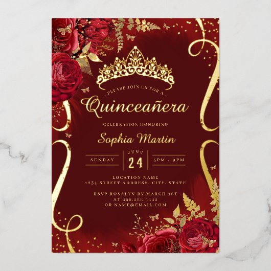 Rood Goud Bloemen Scroll Quinceanera Folie Uitnodiging (Voorkant)